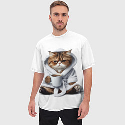 Футболка оверсайз мужская Котик в халате и кофе, цвет: 3D-принт — фото 2