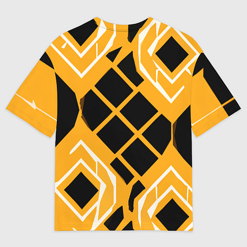 Мужская футболка оверсайз Чёрные квадраты и белые полосы на оранжевом фоне / 3D-принт – фото 2