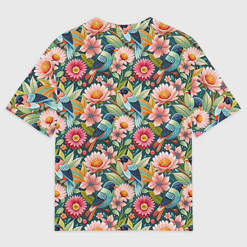 Мужская футболка оверсайз Тропические птицы в цветах / 3D-принт – фото 2
