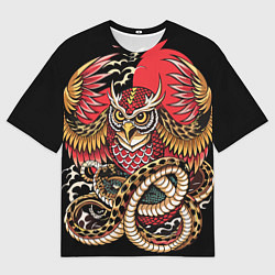 Мужская футболка оверсайз Сова со змеёй в японском стиле