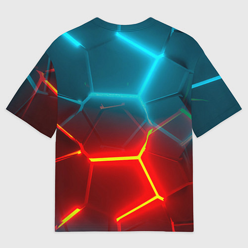 Мужская футболка оверсайз Голубые и красные неоновые плиты в разломе / 3D-принт – фото 2