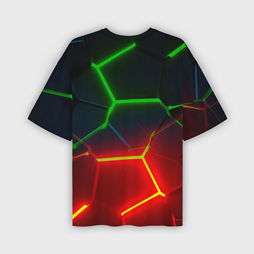 Мужская футболка оверсайз Зеленые и красные неоновые плиты в разломе / 3D-принт – фото 2