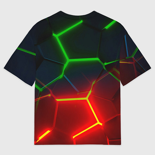 Мужская футболка оверсайз Зеленые и красные неоновые плиты в разломе / 3D-принт – фото 2