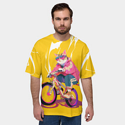 Футболка оверсайз мужская Кот на велосипеде жёлтый фон, цвет: 3D-принт — фото 2