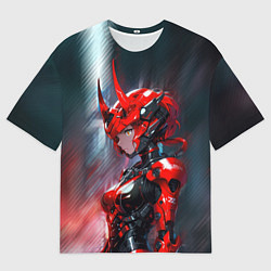 Мужская футболка оверсайз Девушка в кибернетической броне с рогами