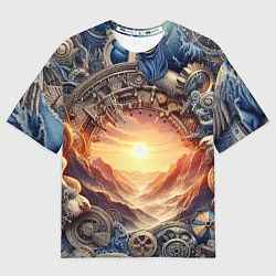 Мужская футболка оверсайз Закат солнца в горах - стимпанк коллаж