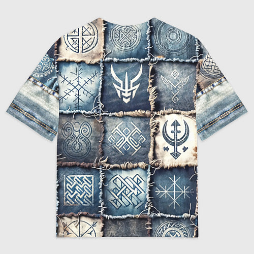 Мужская футболка оверсайз Руны викингов на пэчворк джинсах / 3D-принт – фото 2