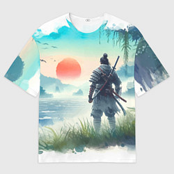 Футболка оверсайз мужская Японский самурай на берегу горного озера, цвет: 3D-принт