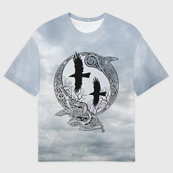 Мужская футболка оверсайз Вороны одина в кельтском орнаменте на фоне неба