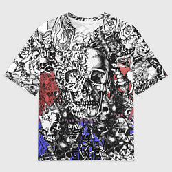Футболка оверсайз мужская Череп и скелеты на фоне флага России, цвет: 3D-принт