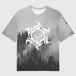 Футболка оверсайз мужская Славянский символ - оберег и лес в тумане, цвет: 3D-принт