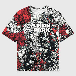 Мужская футболка оверсайз Linkin Park на фоне татуировки черепов и скелетов
