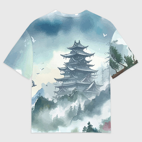 Мужская футболка оверсайз Японская пагода в тумане - нейросеть / 3D-принт – фото 2