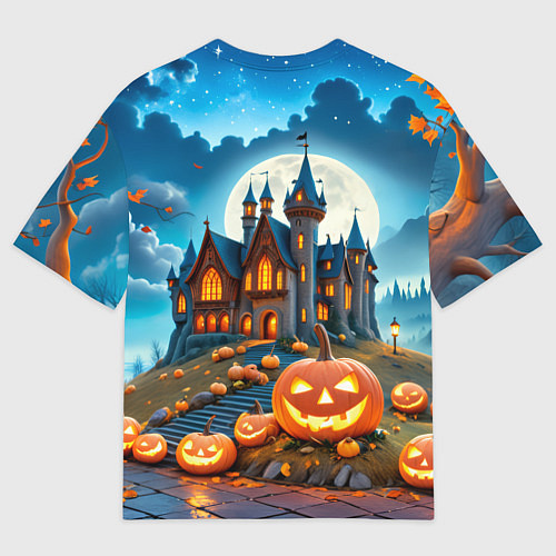 Мужская футболка оверсайз Ночь Хэллоуина тыквы и замок / 3D-принт – фото 2