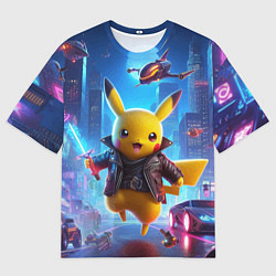 Мужская футболка оверсайз Кибер Пикачу в неоновом городе - нейросеть