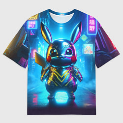 Футболка оверсайз мужская Neon cyber Pikachu made of metal steel - ai art, цвет: 3D-принт