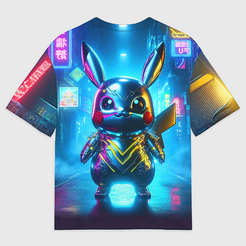 Мужская футболка оверсайз Neon cyber Pikachu made of metal steel - ai art / 3D-принт – фото 2