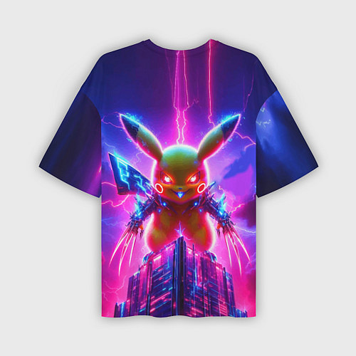 Мужская футболка оверсайз Neon horror - cyber Pikachu / 3D-принт – фото 2