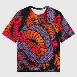 Мужская футболка оверсайз Цветы и змея - Японский стиль
