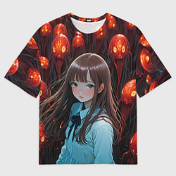 Мужская футболка оверсайз Аниме девушка окружённая красными монстрами