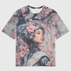 Мужская футболка оверсайз Девушка андроид в розовых цветах