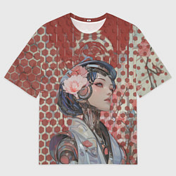 Мужская футболка оверсайз Девушка-андроид на фоне шестиугольников