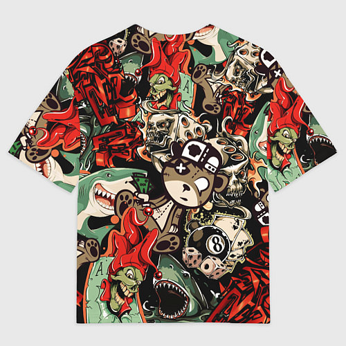 Мужская футболка оверсайз Граффити плюшевого медведя среди акул азарта / 3D-принт – фото 2
