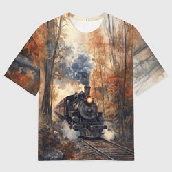 Футболка оверсайз мужская Паровоз в осеннем лесу, цвет: 3D-принт