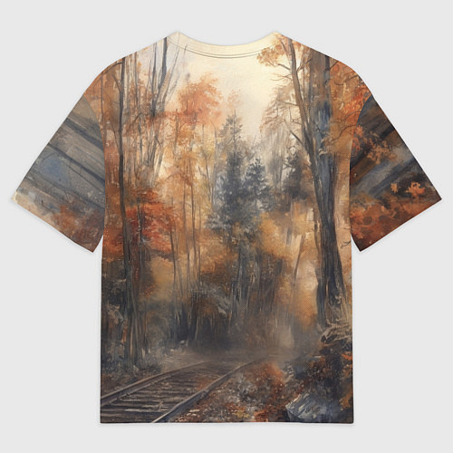 Мужская футболка оверсайз Паровоз в осеннем лесу / 3D-принт – фото 2