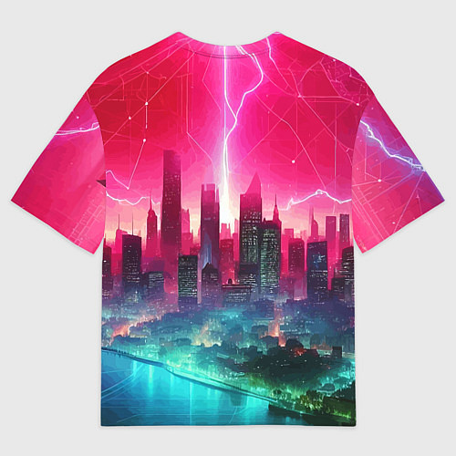 Мужская футболка оверсайз Неоновая гроза в мегаполисе - удар молнии / 3D-принт – фото 2