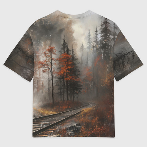 Мужская футболка оверсайз Паровоз в осеннем лесу / 3D-принт – фото 2