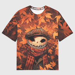 Мужская футболка оверсайз Тыквинный Джек в кепке и шарфе