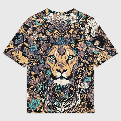 Мужская футболка оверсайз Лев с узорами и цветами / 3D-принт – фото 2