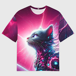 Футболка оверсайз мужская Космический кибер котёнок - неоновое свечение, цвет: 3D-принт