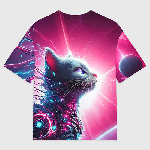 Мужская футболка оверсайз Космический кибер котёнок - неоновое свечение / 3D-принт – фото 2