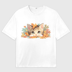 Мужская футболка оверсайз Котёнок в листьях