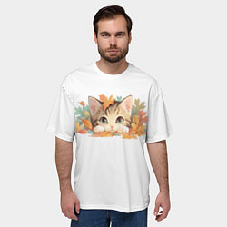Футболка оверсайз мужская Котёнок в листьях, цвет: 3D-принт — фото 2