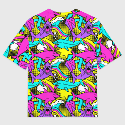 Мужская футболка оверсайз Цветные акулы паттерн / 3D-принт – фото 2