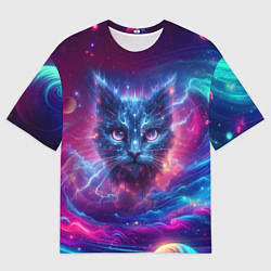 Мужская футболка оверсайз Морда космического кота - неоновое свечение