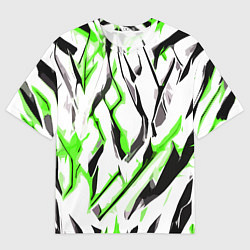 Мужская футболка оверсайз Чёрно-зелёные агрессивные полосы на белом фоне