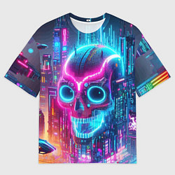 Мужская футболка оверсайз Neon skull in metropolis - future