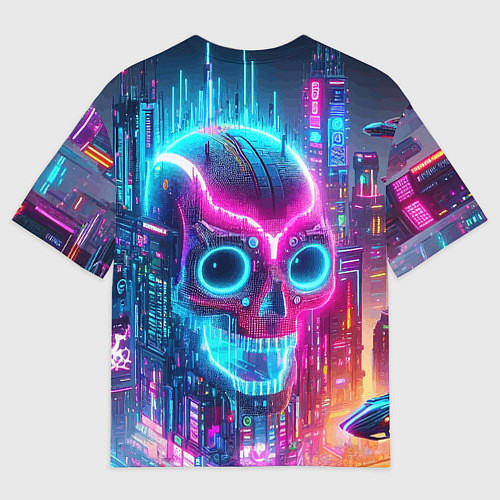 Мужская футболка оверсайз Neon skull in metropolis - future / 3D-принт – фото 2