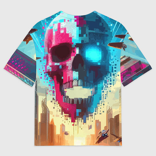 Мужская футболка оверсайз Cool vanguard neon cyber skull - ai art / 3D-принт – фото 2