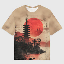 Мужская футболка оверсайз Башня на фоне алого заката - Япония