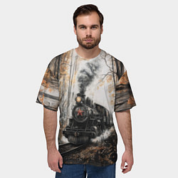 Футболка оверсайз мужская Паровоз со звездой в осеннем лесу, цвет: 3D-принт — фото 2