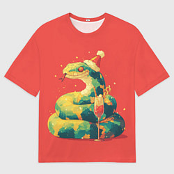 Мужская футболка оверсайз Новогодняя змея с бокалом шампанского