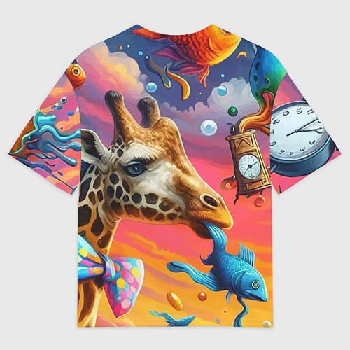 Мужская футболка оверсайз Жираф в бабочке держит во рту рыбу - сюрреализм / 3D-принт – фото 2