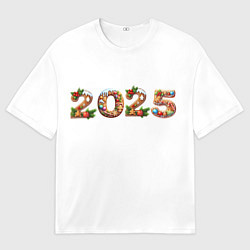 Мужская футболка оверсайз Надпись новогодняя 2025 из пряников