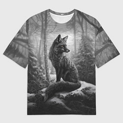 Мужская футболка оверсайз Серая лиса в зимнем лесу
