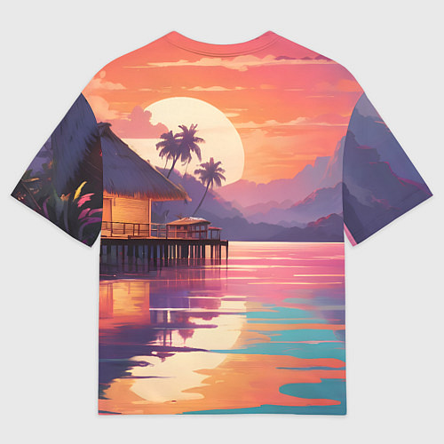 Мужская футболка оверсайз Летний домик пальмы закат / 3D-принт – фото 2